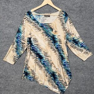 Travelers by Chico's Size 3 US XL Top Beige Blue Asymmetric Liquid Knit Stretch